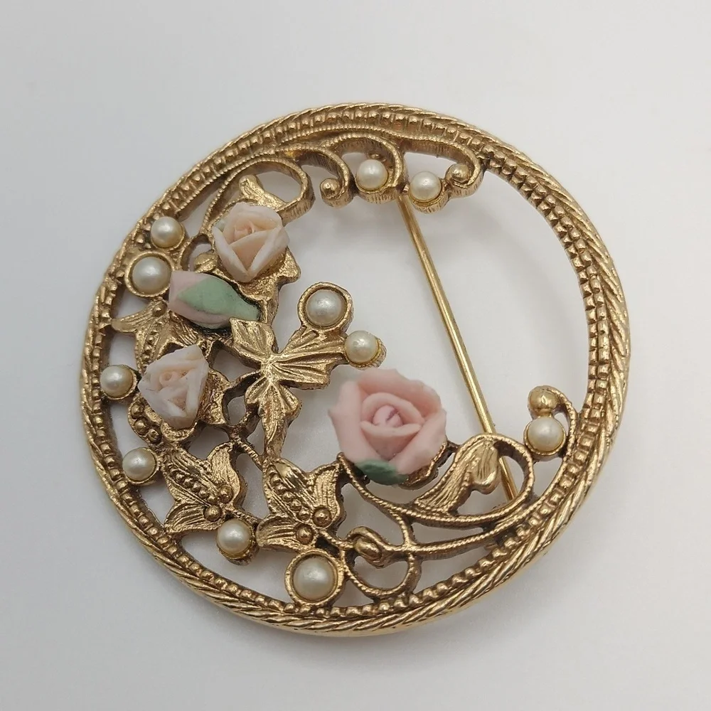 Gold Tone Pink Roses Floral Brooch  Faux Pearls Classic Feminine Porcelain